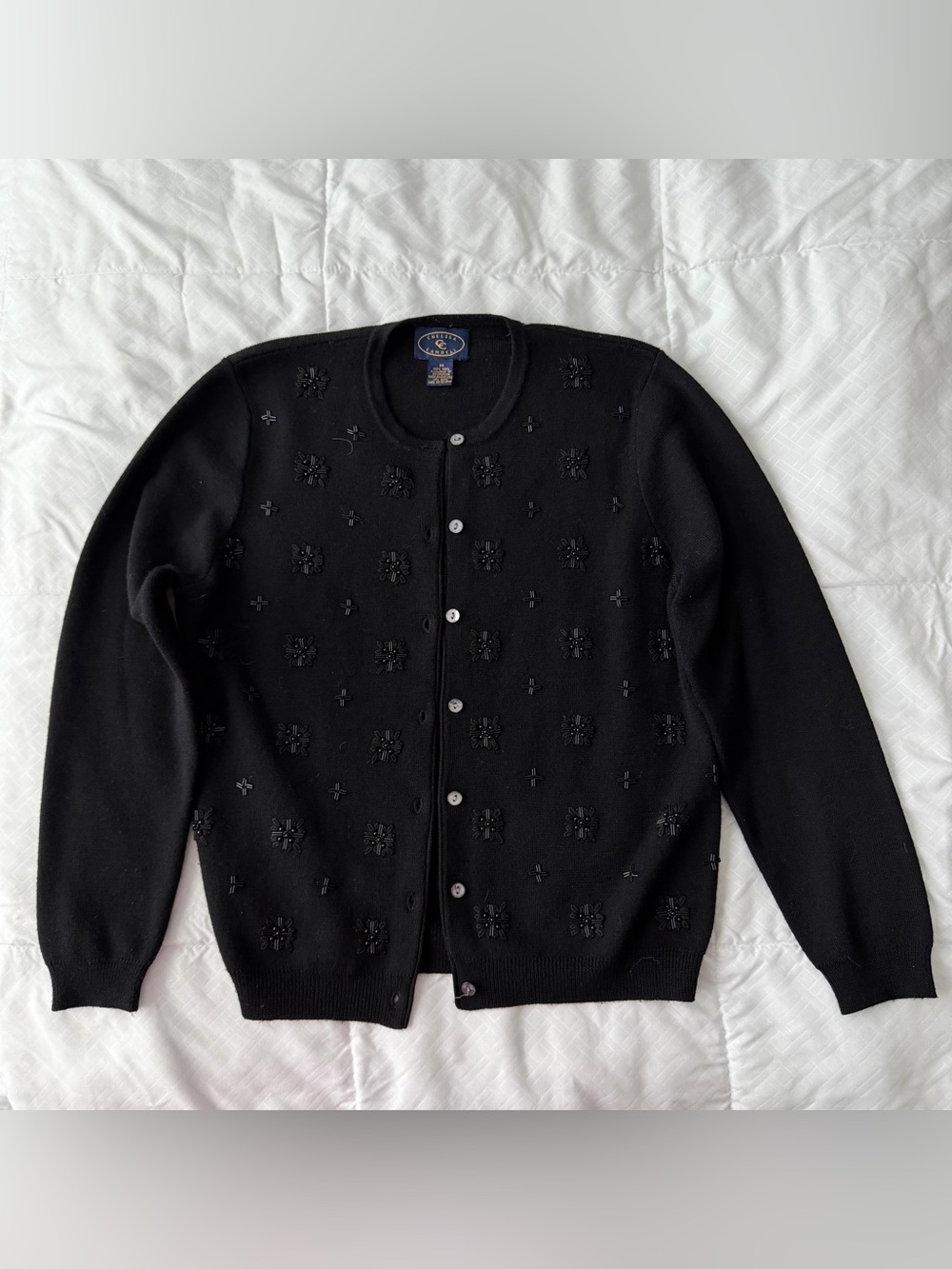 Chelsea Cambell Wool Cardigan Sweater Women M Black Beaded Grandma Vintage 90s